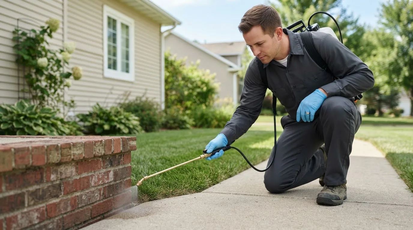 Pest control technician treating a home near Hoyt, KS
